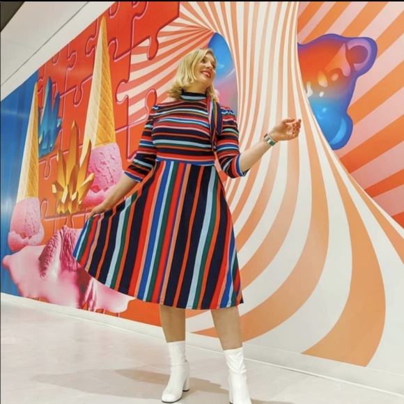 Eloquii Rainbow Striped Fit and Flare Dress Women's Size 18 Low Back Tie Neck - Picture 1 of 10